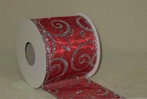 NASTRO ORGANZA ROSSO DECORO GLITTER ARGENTO MT.10
